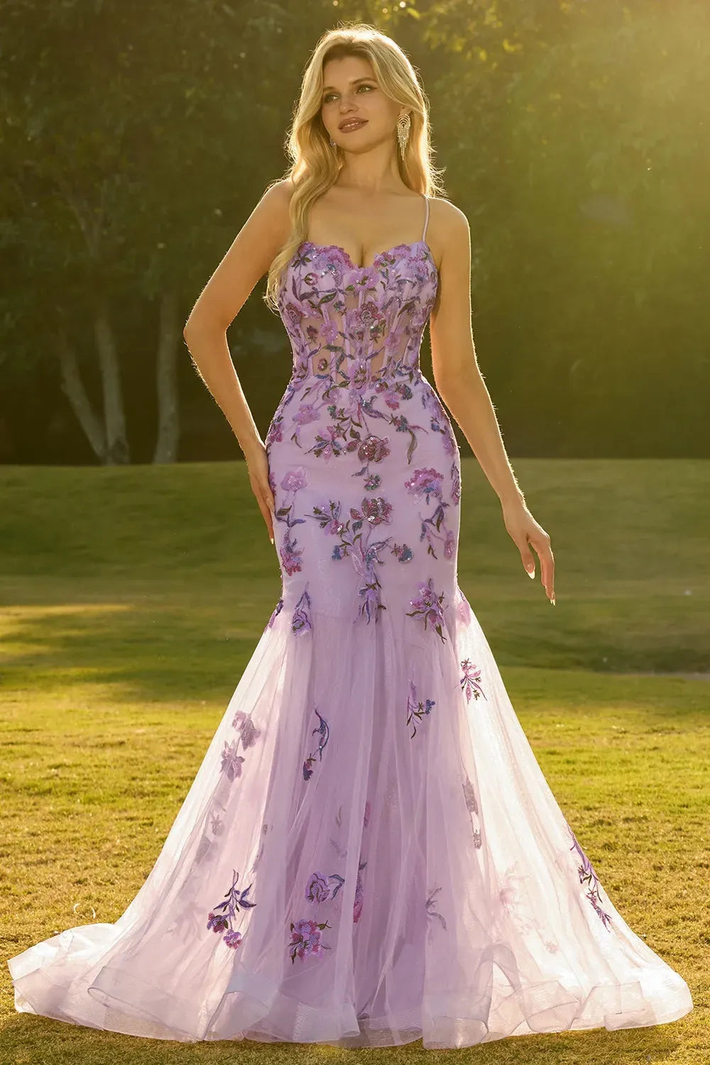 Romantic Lilac Floral Mermaid Sweetheart Spaghetti-Strap Lace-Up Floor-Length Prom Dress