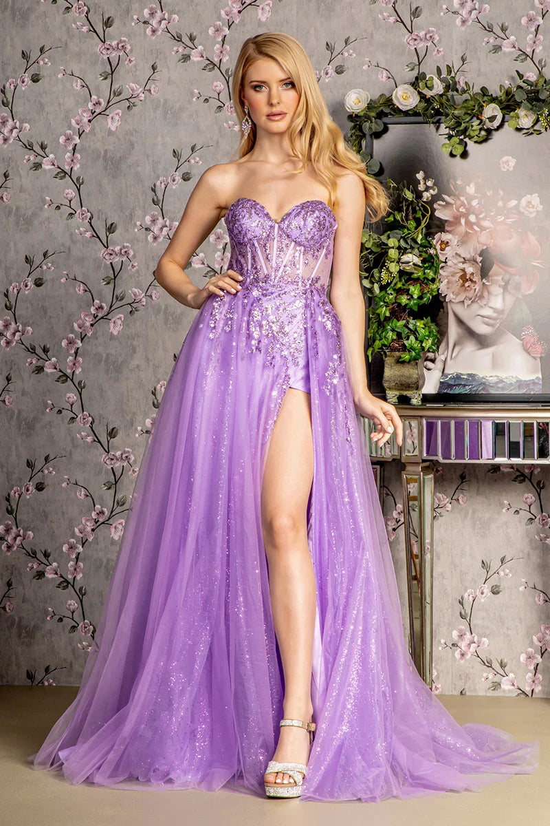 Loverlm lilac prom dress with strapless sweetheart corset bodice sequins high slit and glitter tulle floor-length A-line skirt