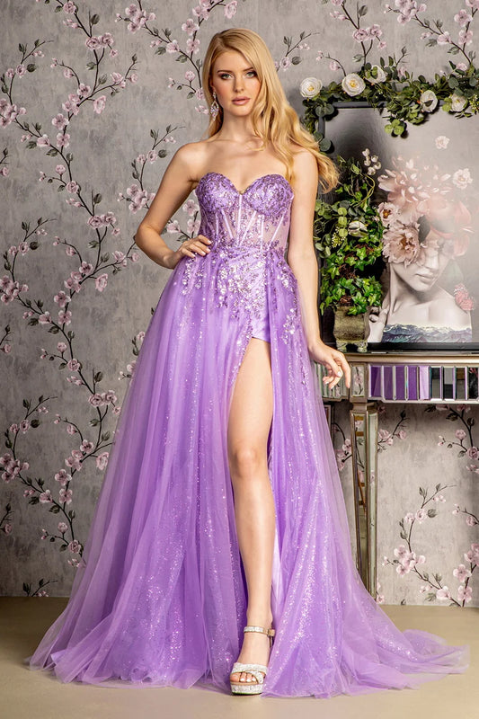 Loverlm lilac prom dress with strapless sweetheart corset bodice sequins high slit and glitter tulle floor-length A-line skirt