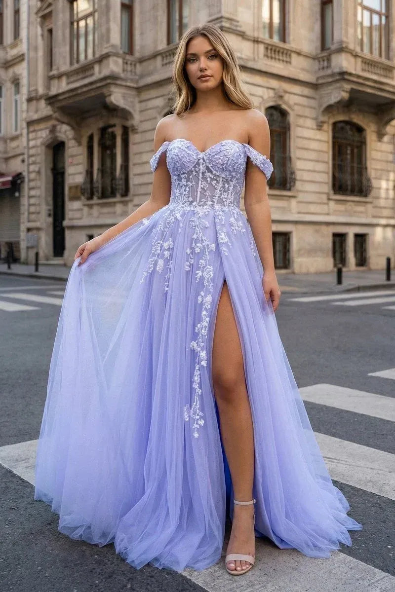 Loverlm lilac lace A-line prom dress with sweetheart neckline, off-shoulder sleeves, floral appliqués, tulle skirt, and high slit