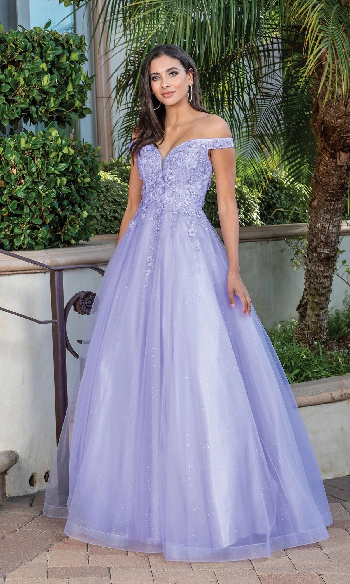 Lilac A-line tulle prom dress with off shoulder V neckline, floral lace appliques, sparkling layered floor length skirt and fitted bodice