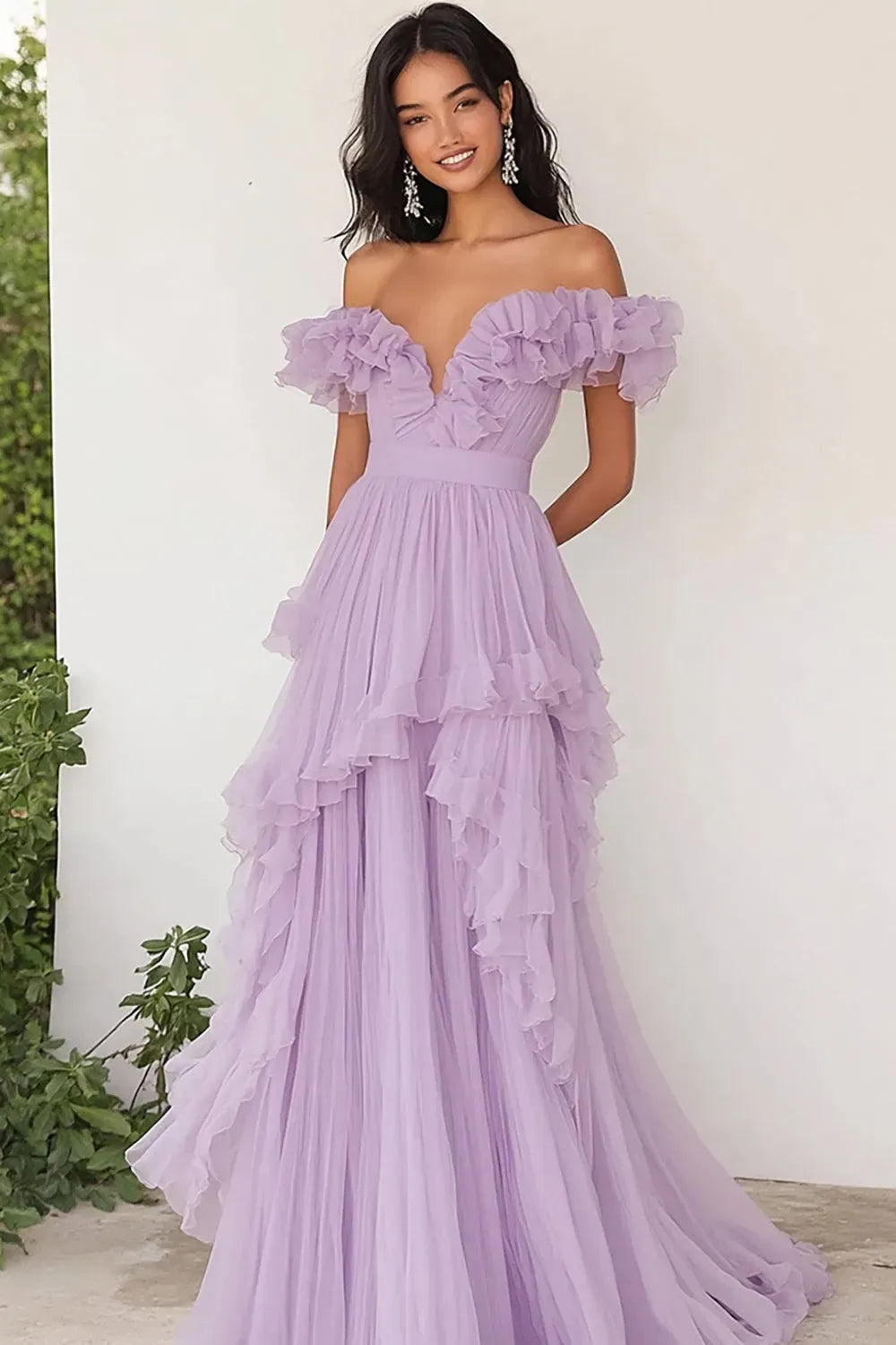 Loverlm lilac off shoulder prom dress with deep V neckline, layered ruffle sleeves and flowing floor length A-line skirt front view