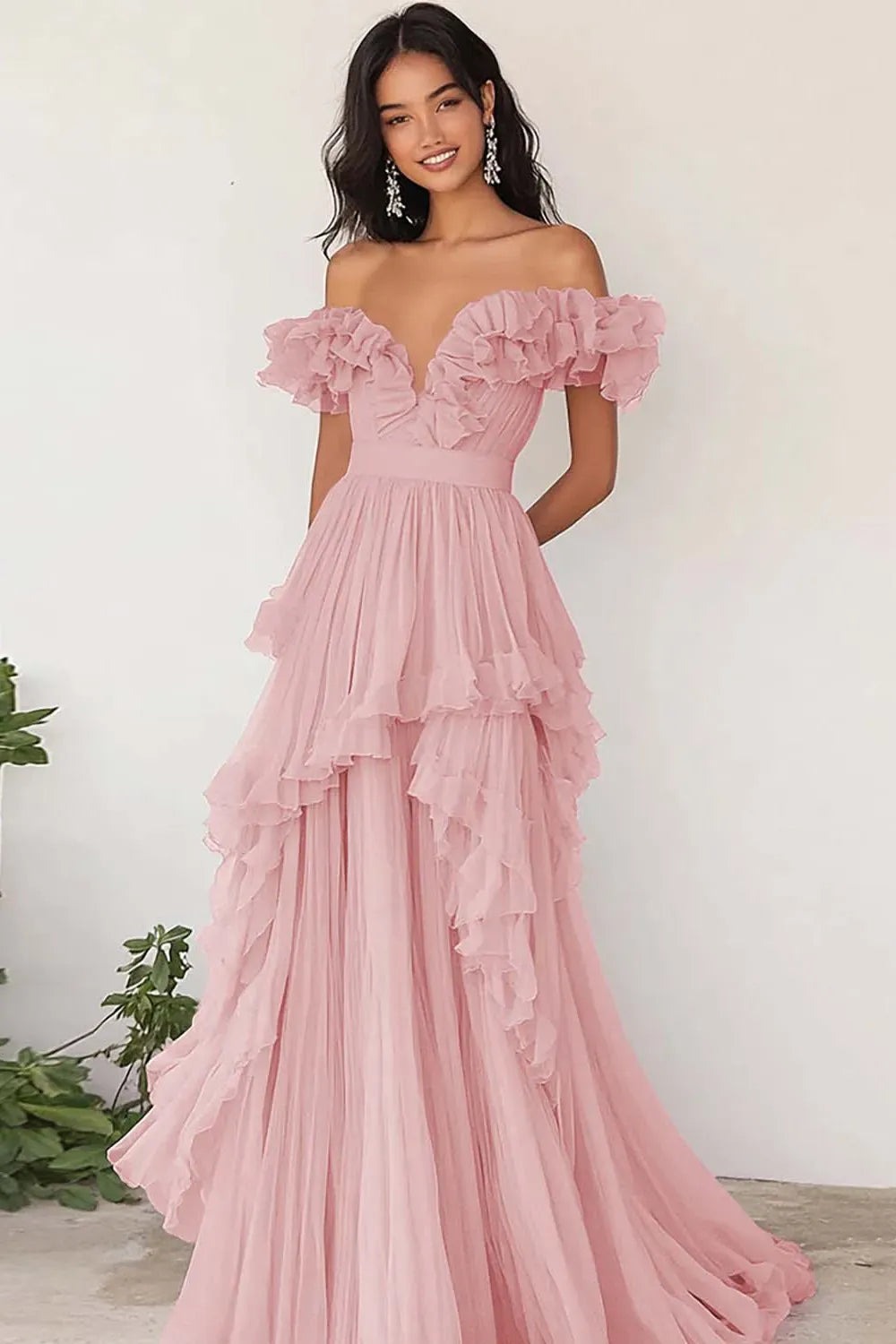 Romantic A-Line V-Neck Off Shoulder Ruffle Floor Length Prom Dress