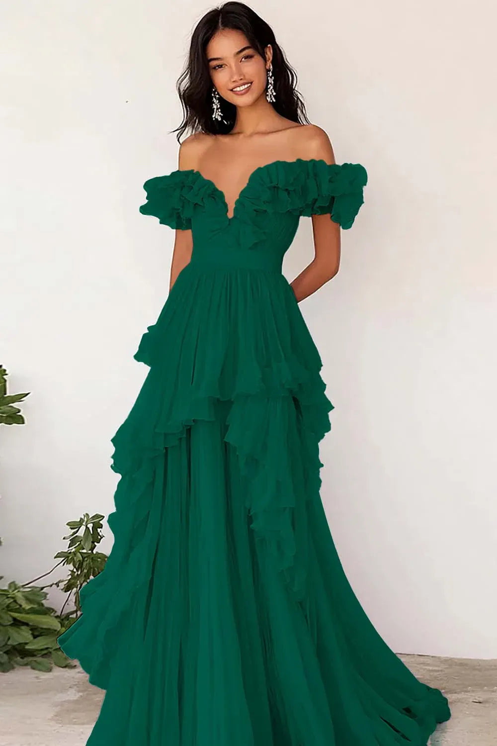 Romantic A-Line V-Neck Off Shoulder Ruffle Floor Length Prom Dress