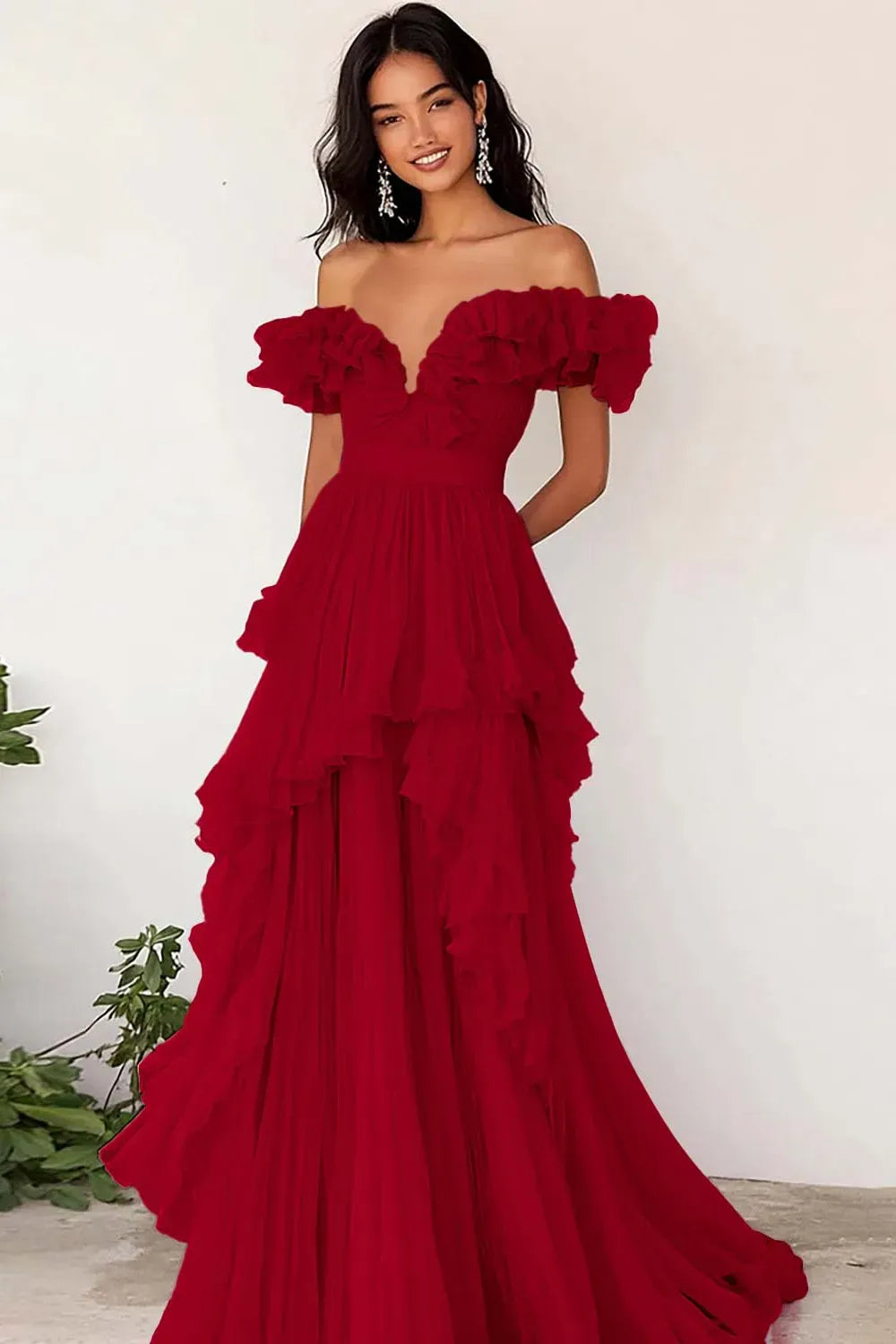 Romantic A-Line V-Neck Off Shoulder Ruffle Floor Length Prom Dress