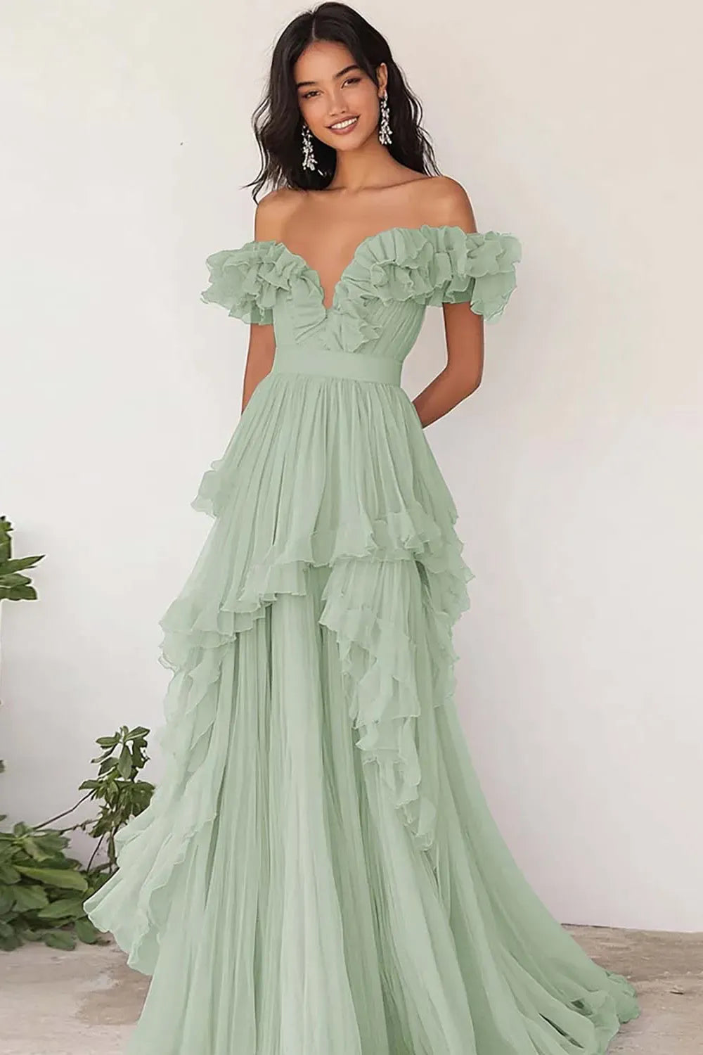 Romantic A-Line V-Neck Off Shoulder Ruffle Floor Length Prom Dress