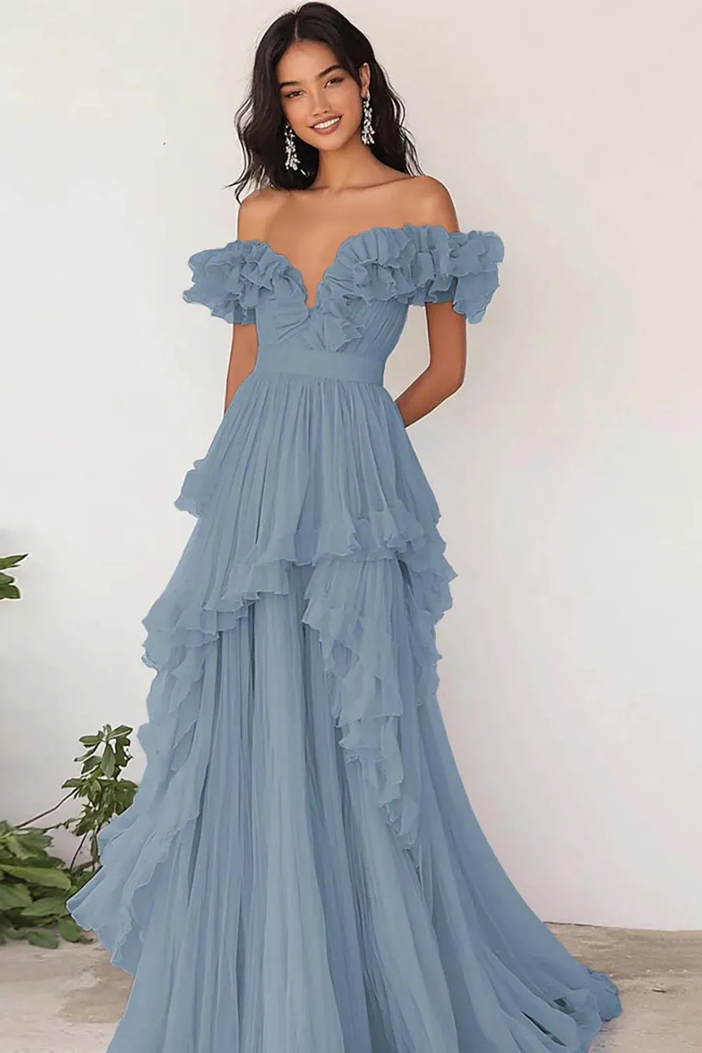 Romantic A-Line V-Neck Off Shoulder Ruffle Floor Length Prom Dress