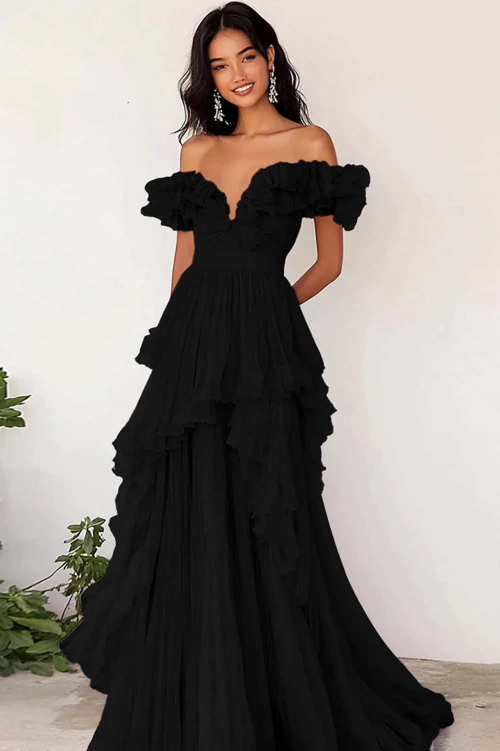 Romantic A-Line V-Neck Off Shoulder Ruffle Floor Length Prom Dress