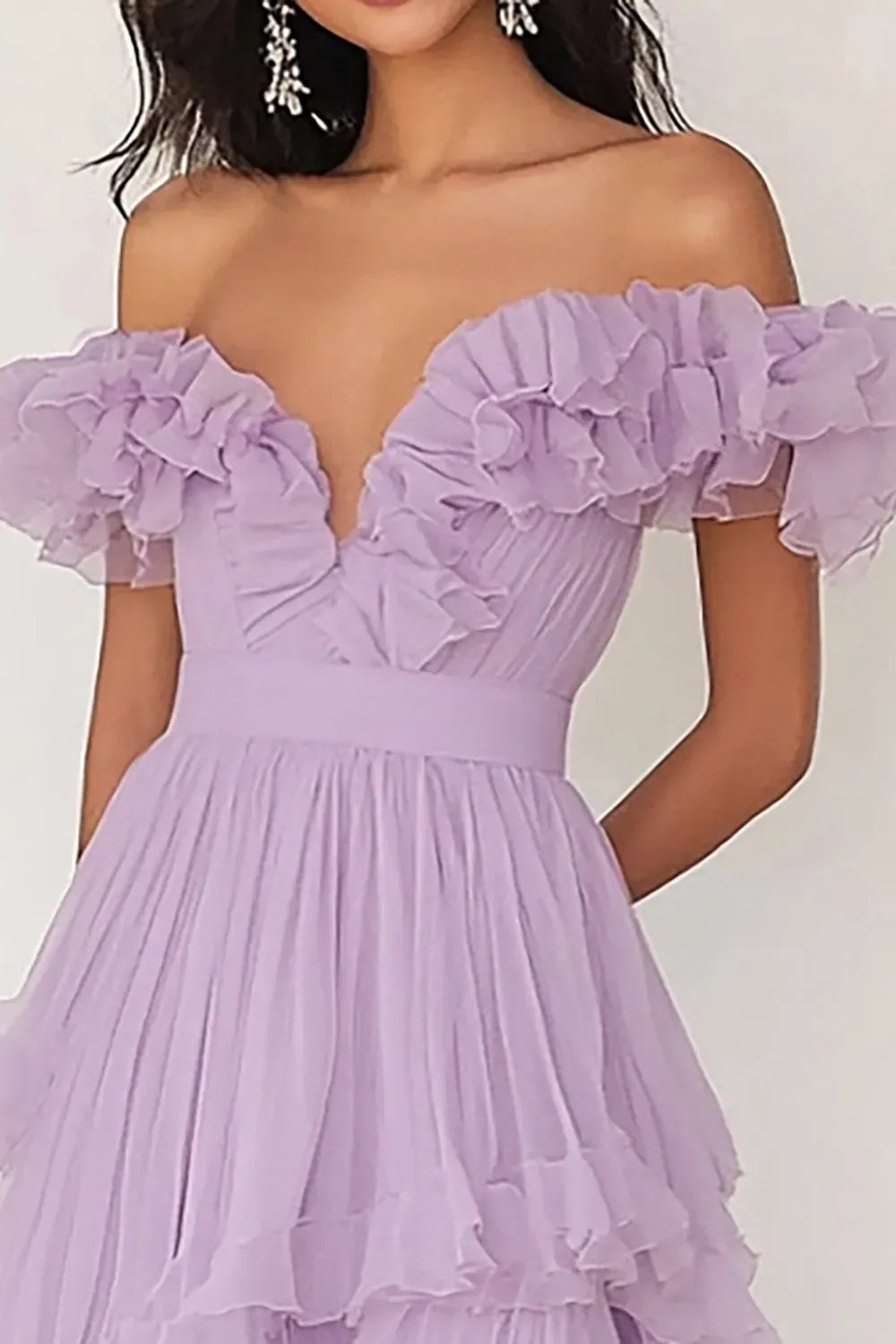 Romantic A-Line V-Neck Off Shoulder Ruffle Floor Length Prom Dress