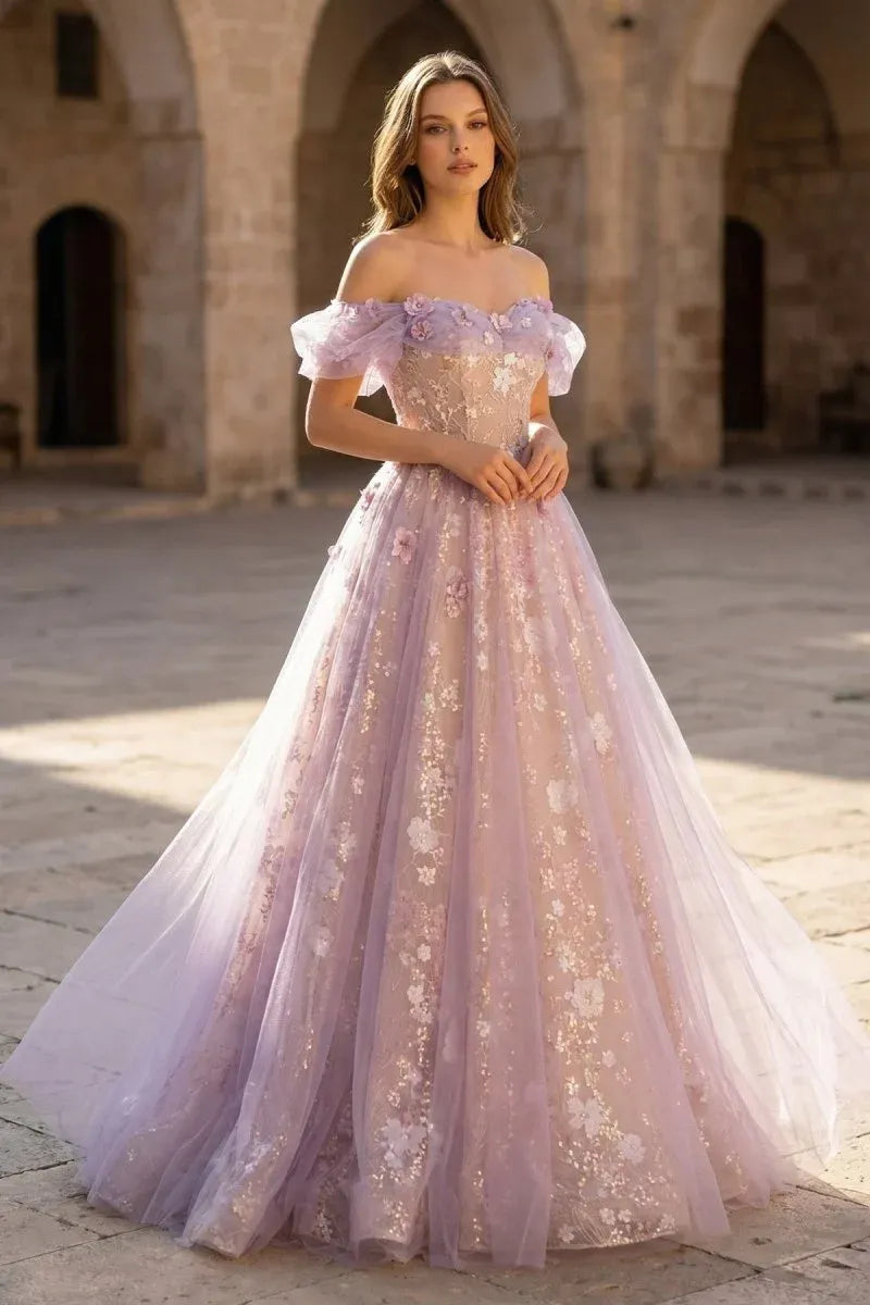 Loverlm lilac off-the-shoulder A-line tulle prom dress with floral appliqués and ruffle sleeves, front view