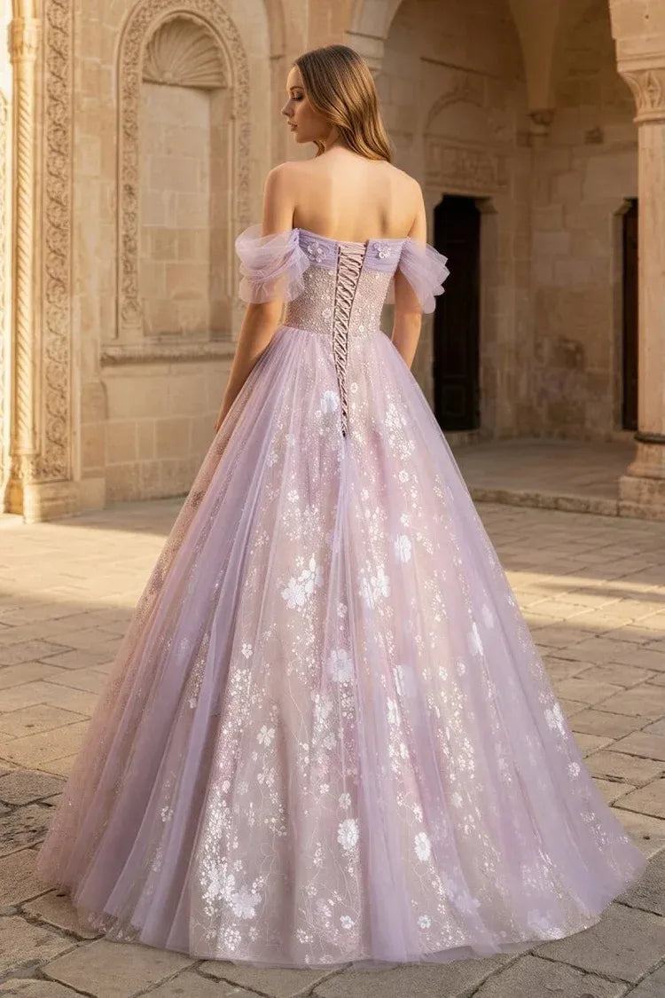 Dreamy A-Line Off-Shoulder Tulle Ruffle Sleeve Corset Back Floor-Length Prom Dress
