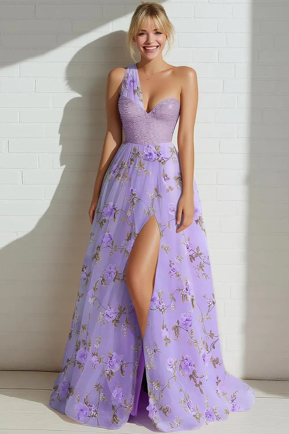 Romantic A-Line Sweetheart One Shoulder Slit Floor Length Lilac Prom Dress