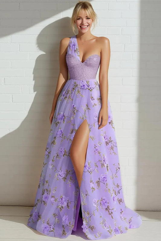 Romantic A-Line Sweetheart One Shoulder Slit Floor Length Lilac Prom Dress
