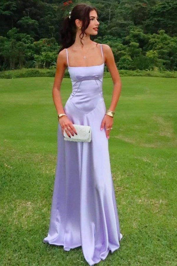 Front view of Loverlm lilac satin prom dress with square neckline, spaghetti straps, fitted bodice and flowing A-line floor-length skirt.