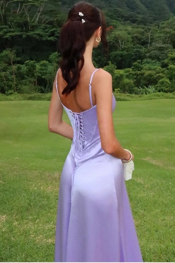 Loverlm Elegant A-Line Square-Neck Spaghetti-Strap Lace-Up Back Flowing Floor-Length Prom Dress