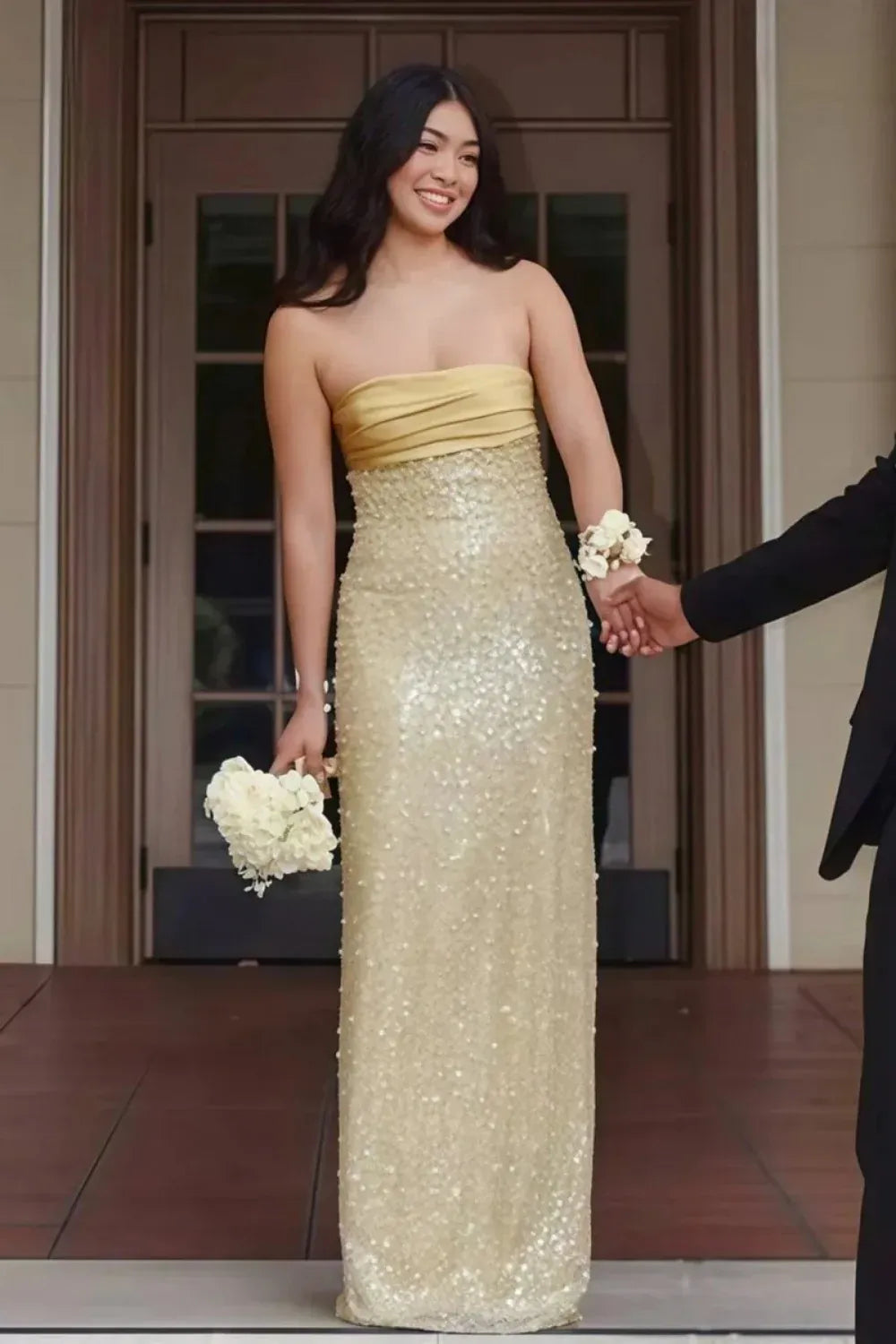Glamorous Sequin Sheath Straight Neck Strapless Zipper Back Floor Length Prom Dress