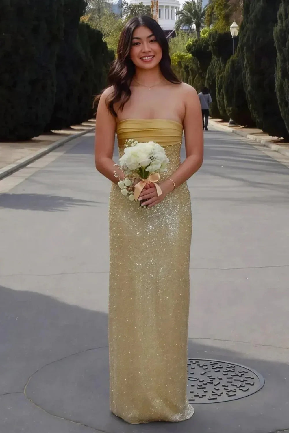 Glamorous Sequin Sheath Straight Neck Strapless Zipper Back Floor Length Prom Dress
