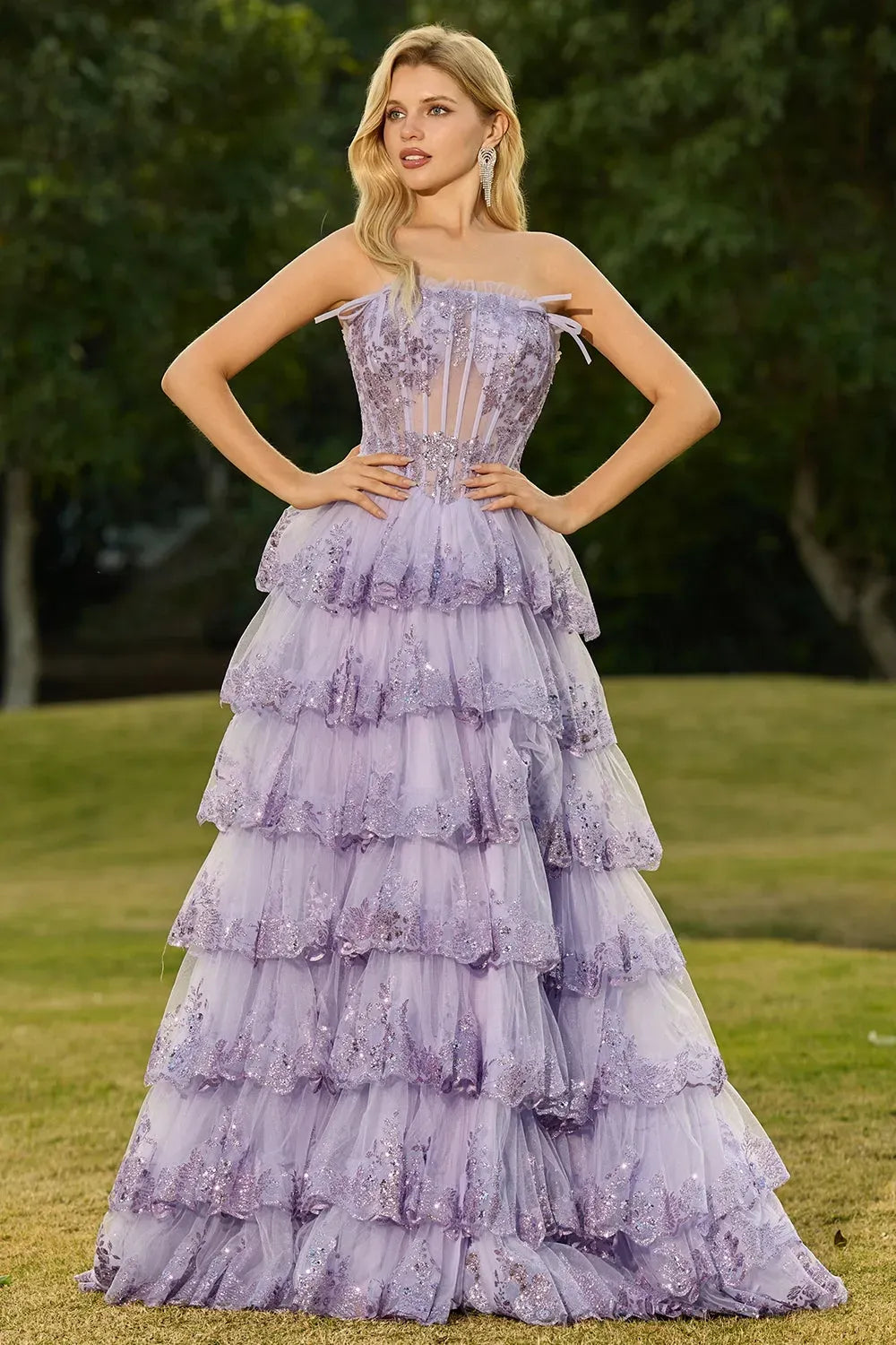 Loverlm lilac tulle prom dress with strapless straight neckline, sheer corset bodice, sparkling floral embroidery and tiered ball gown skirt