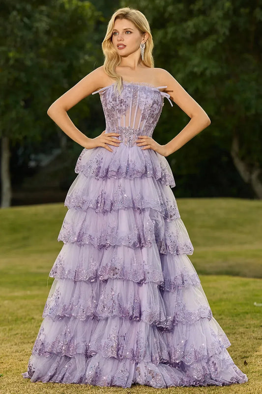 Loverlm lilac tulle prom dress with strapless straight neckline, sheer corset bodice, sparkling floral embroidery and tiered ball gown skirt