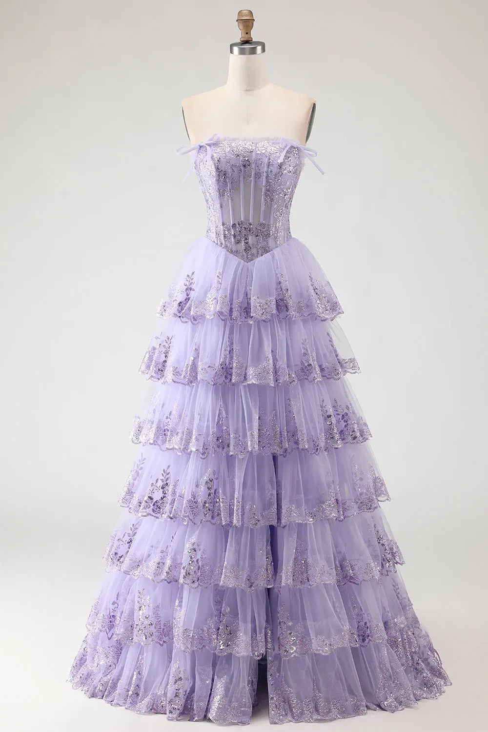 Dreamy Ball Gown Straight Strapless Zipper Back Tiered Floor-Length Prom Dress