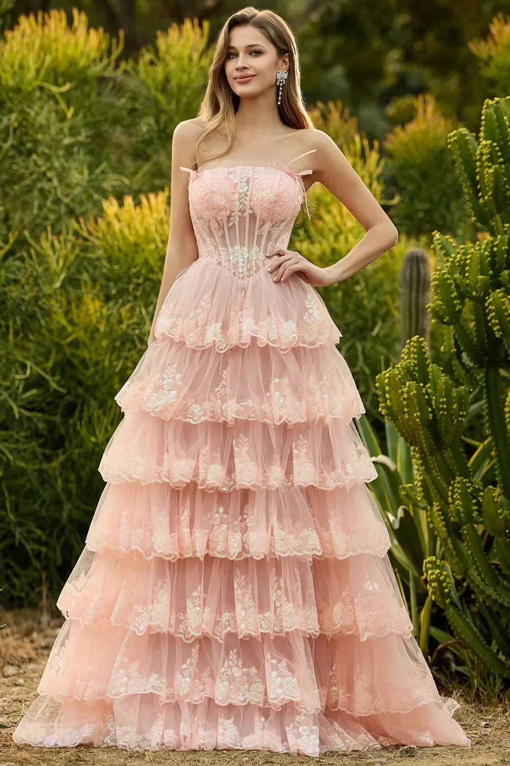 Dreamy Ball Gown Straight Strapless Zipper Back Tiered Floor-Length Prom Dress