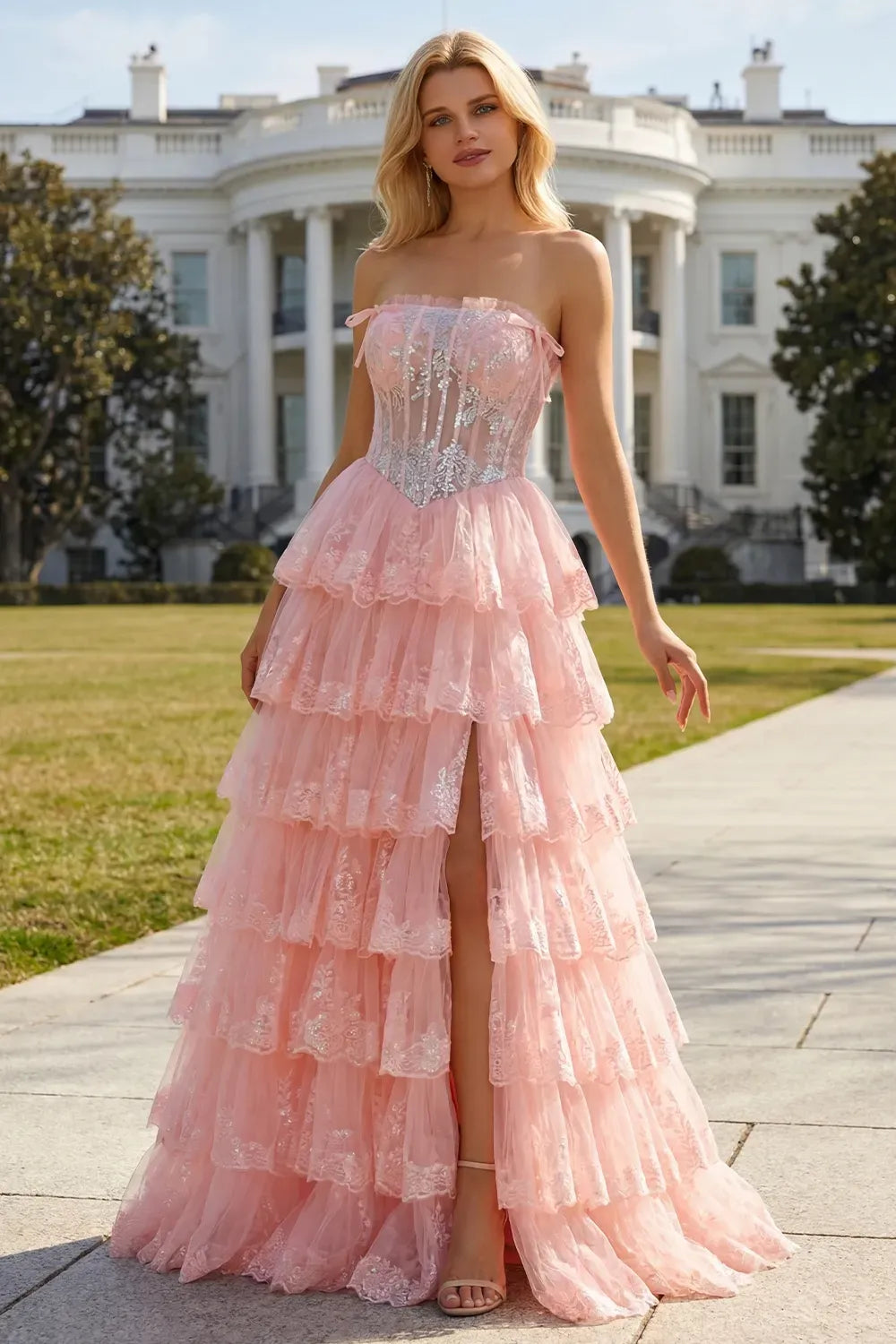 Dreamy Ball Gown Straight Strapless Zipper Back Tiered Floor-Length Prom Dress