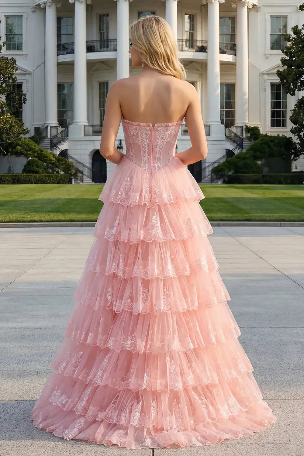 Dreamy Ball Gown Straight Strapless Zipper Back Tiered Floor-Length Prom Dress