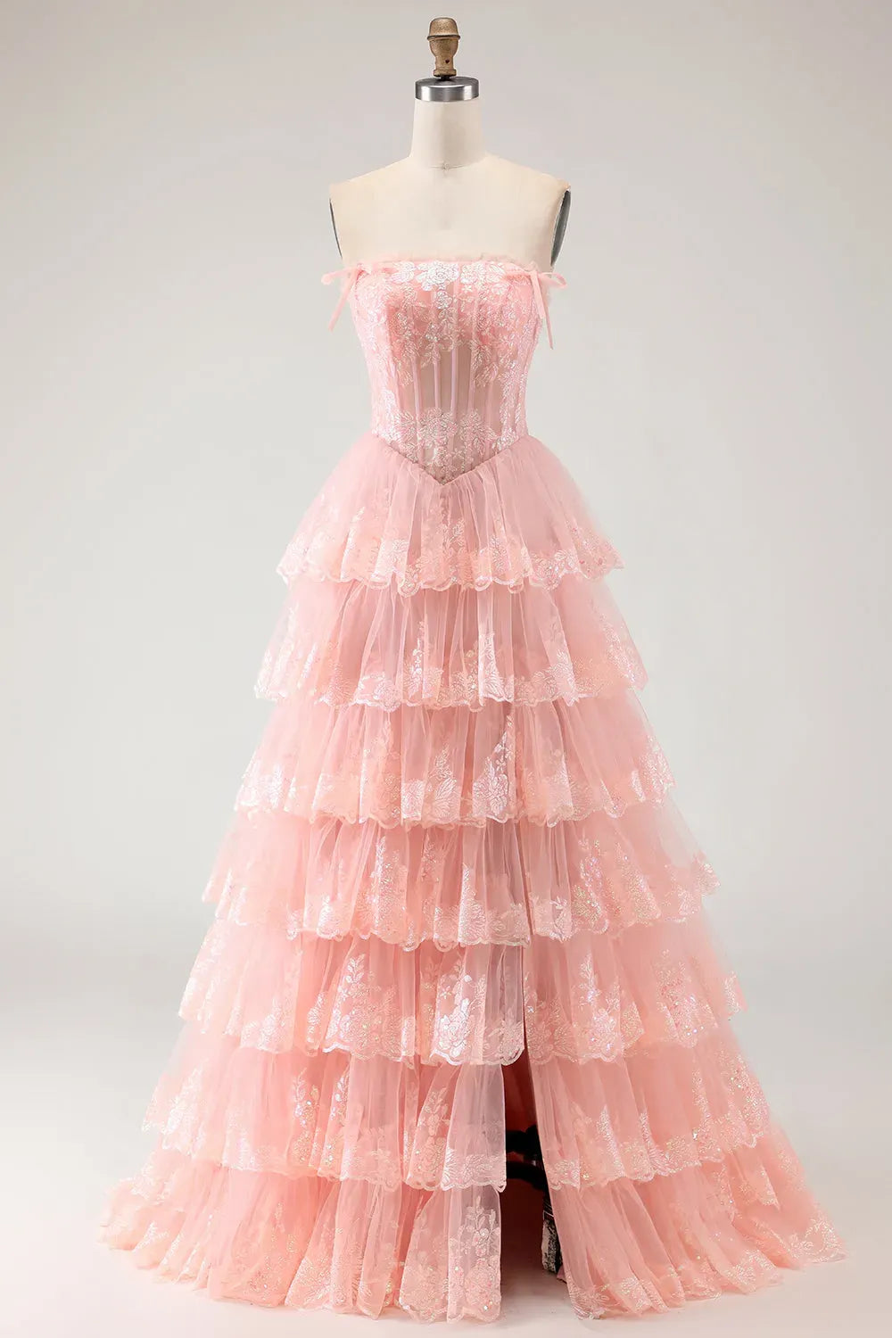 Dreamy Ball Gown Straight Strapless Zipper Back Tiered Floor-Length Prom Dress