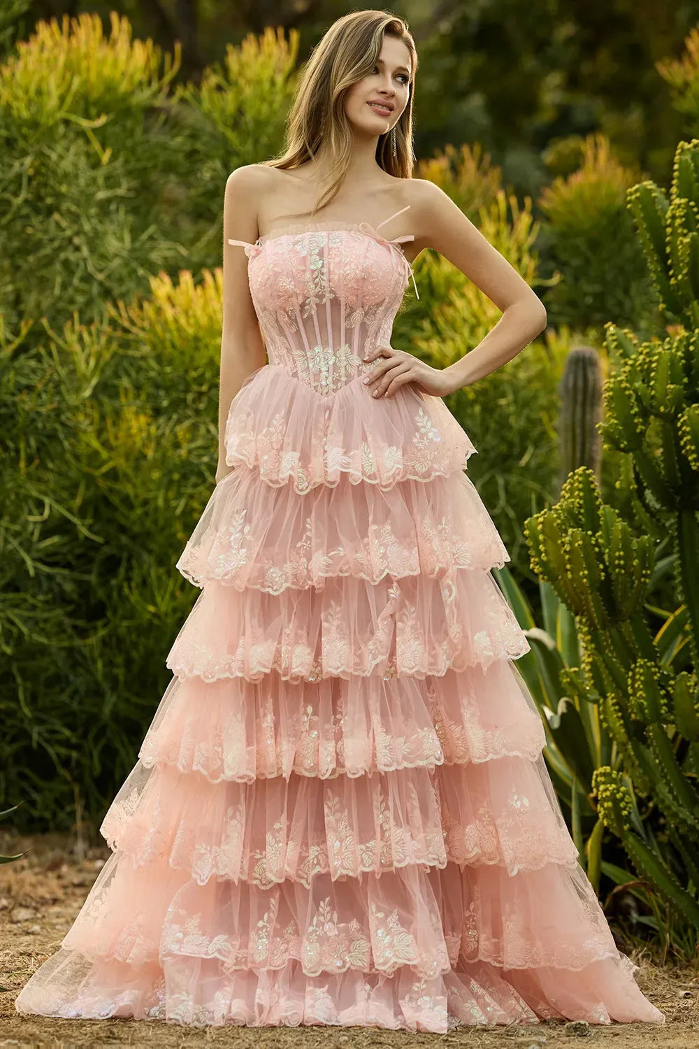Dreamy Ball Gown Straight Strapless Zipper Back Tiered Floor-Length Prom Dress
