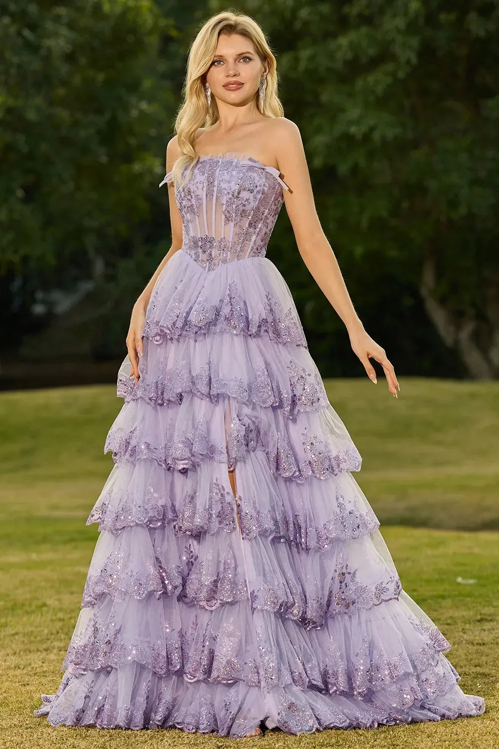 Dreamy Ball Gown Straight Strapless Zipper Back Tiered Floor-Length Prom Dress