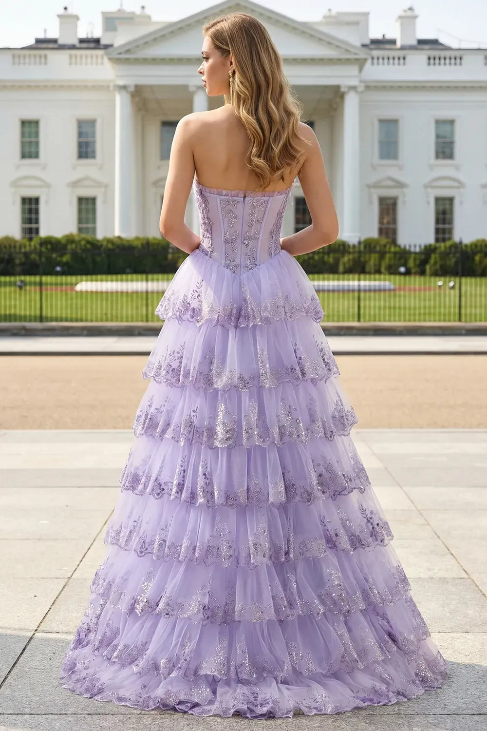 Dreamy Ball Gown Straight Strapless Zipper Back Tiered Floor-Length Prom Dress