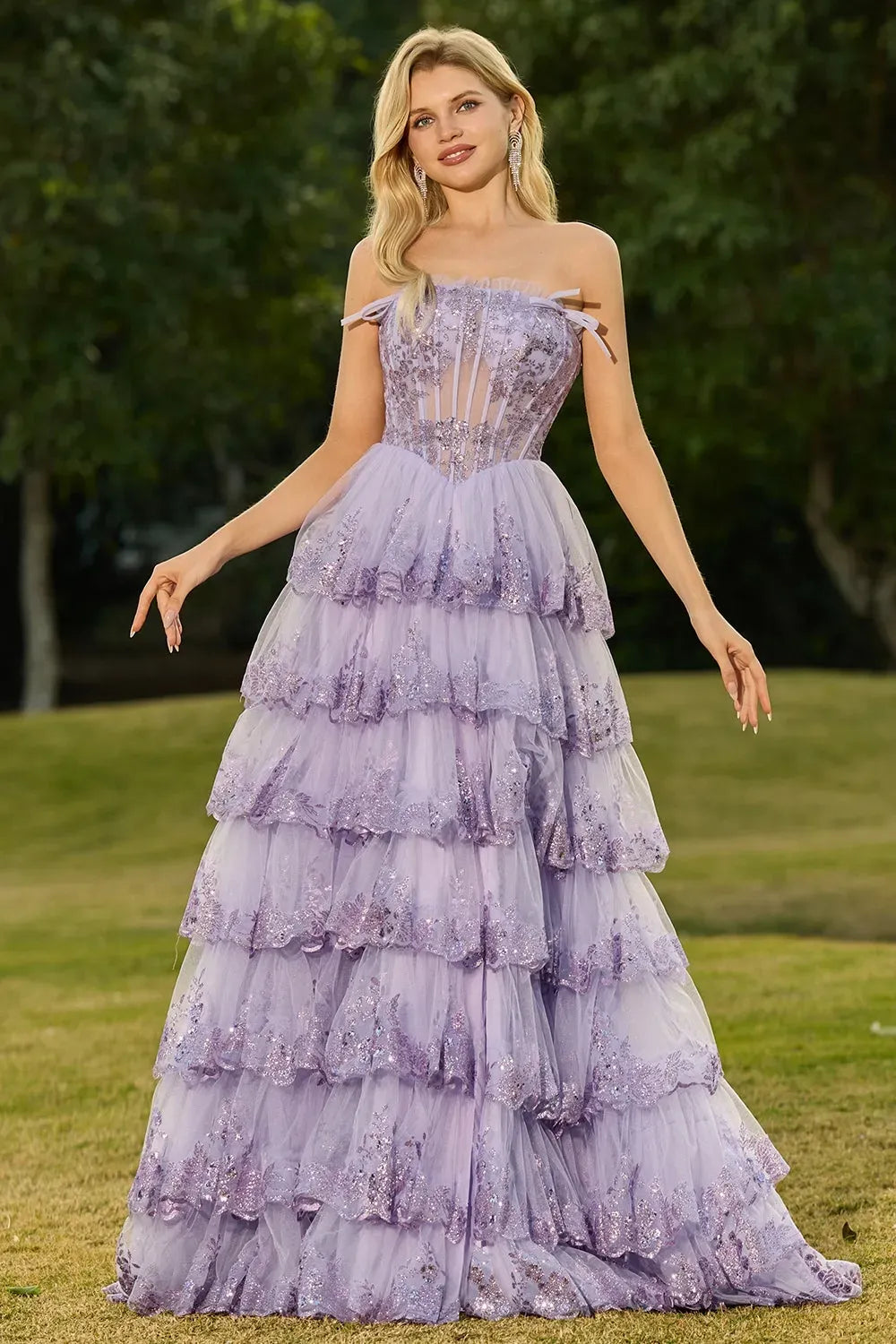 Dreamy Ball Gown Straight Strapless Zipper Back Tiered Floor-Length Prom Dress