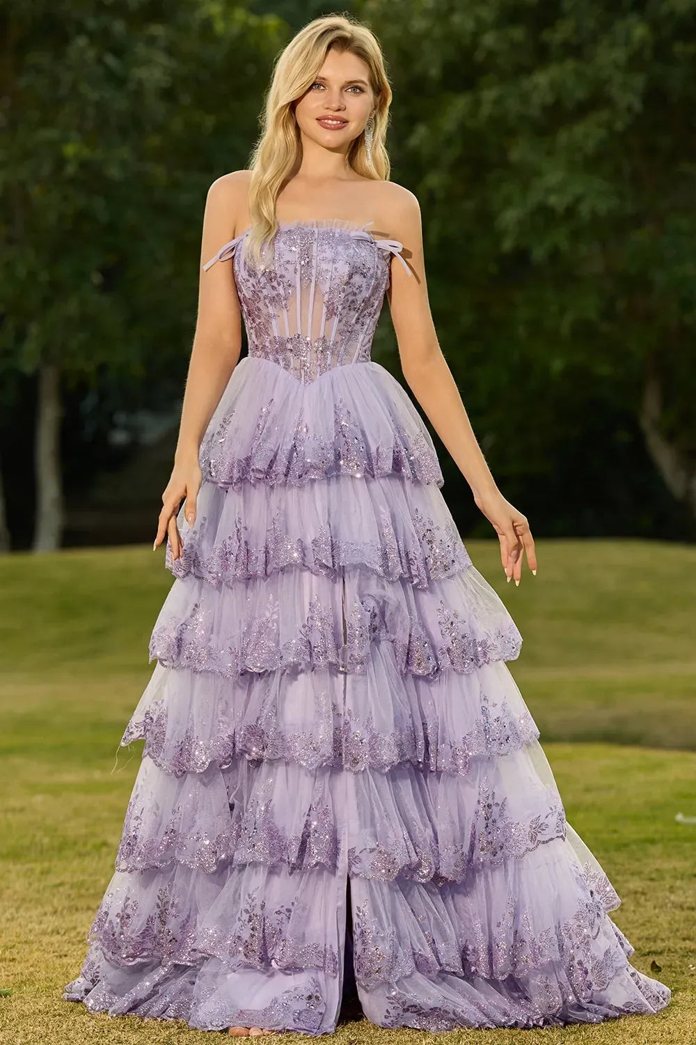 Dreamy Ball Gown Straight Strapless Zipper Back Tiered Floor-Length Prom Dress