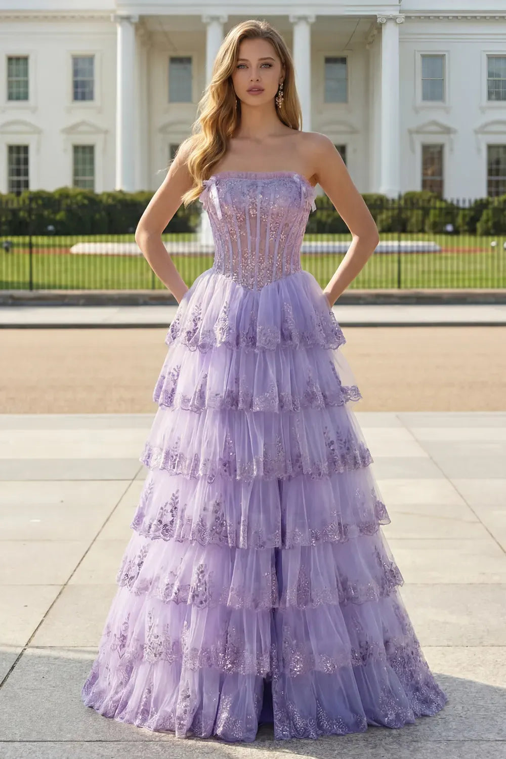 Dreamy Ball Gown Straight Strapless Zipper Back Tiered Floor-Length Prom Dress