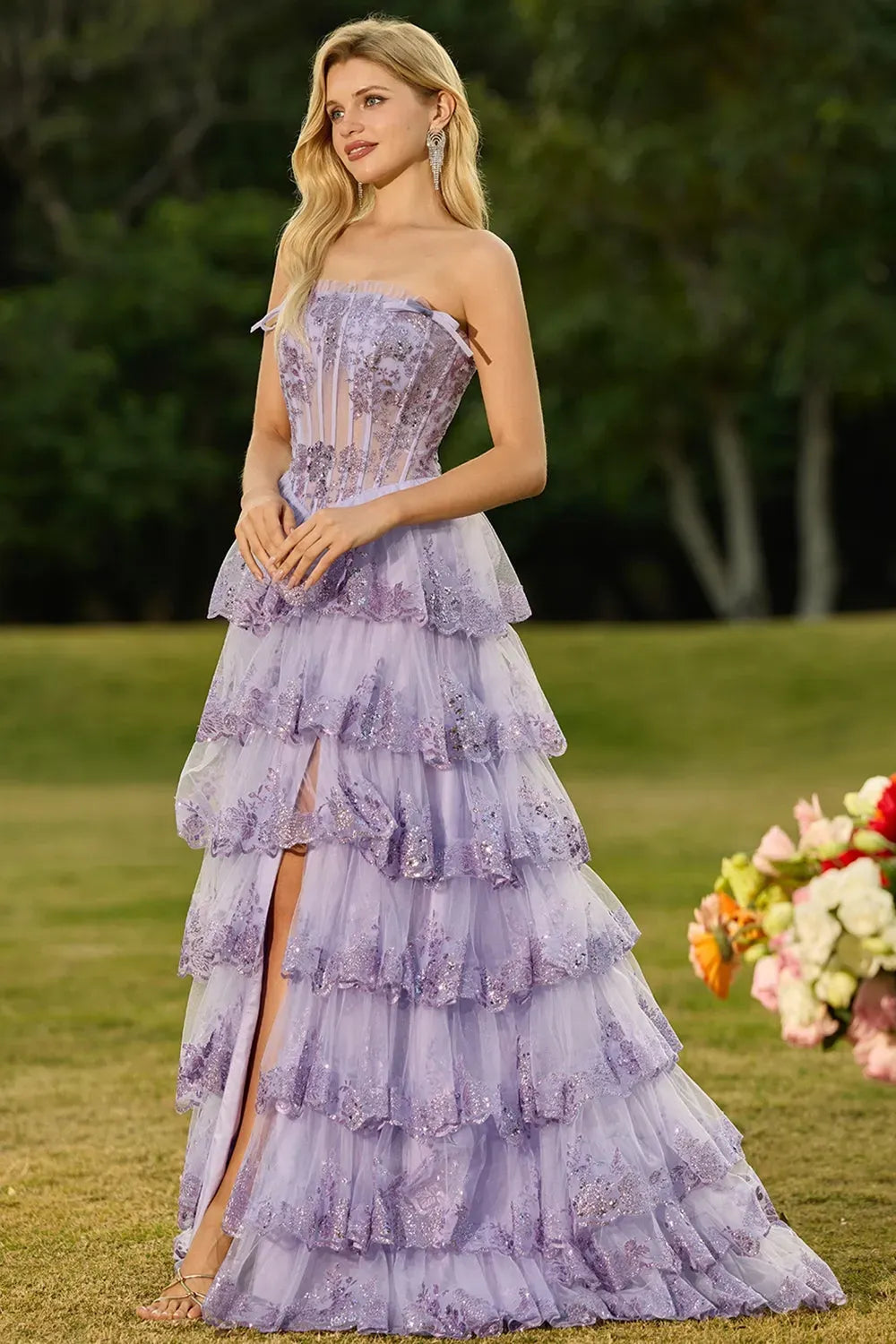Dreamy Ball Gown Straight Strapless Zipper Back Tiered Floor-Length Prom Dress