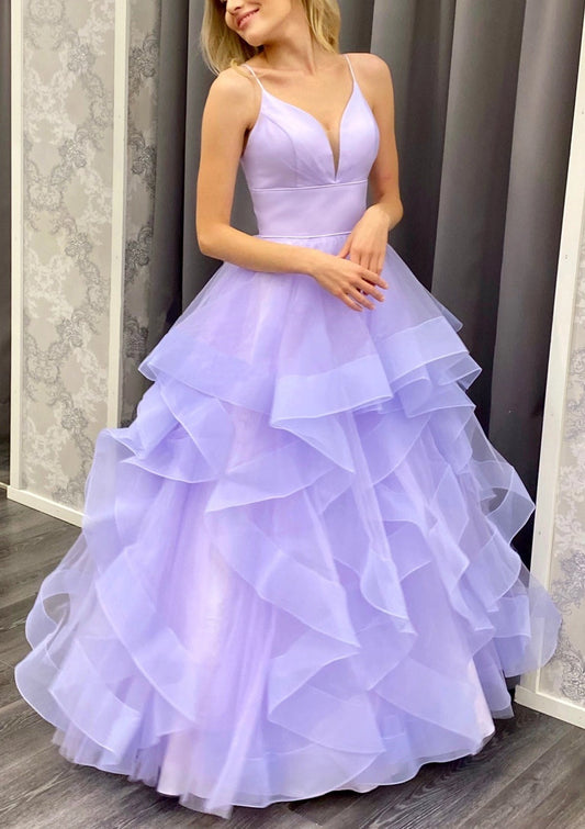Front view of Loverlm lilac ball gown prom dress with plunging V-neckline, spaghetti straps and layered organza ruffle floor-length skirt.