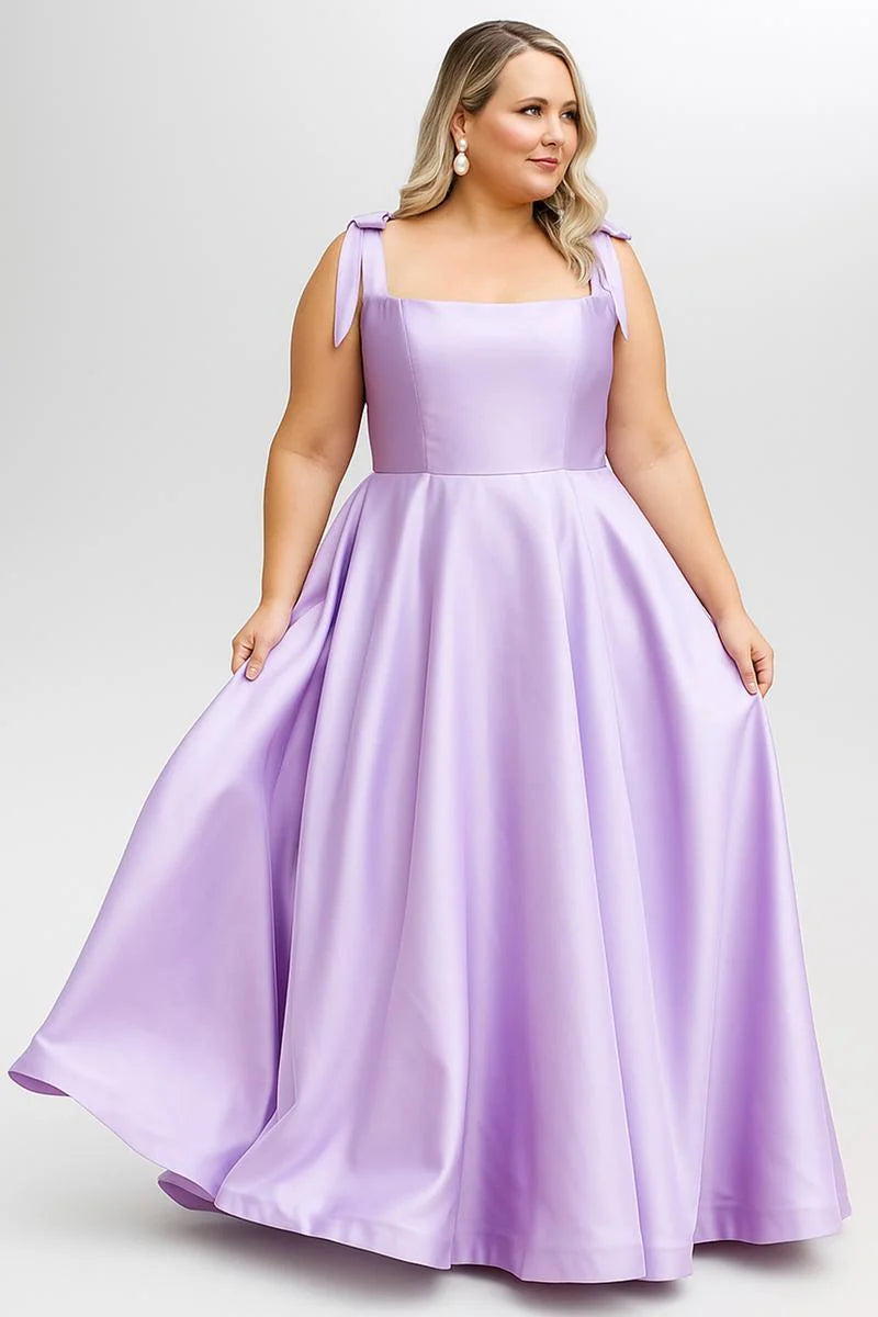 Elegant Plus Size A Line Square Neck Sleeveless Satin Prom Dress