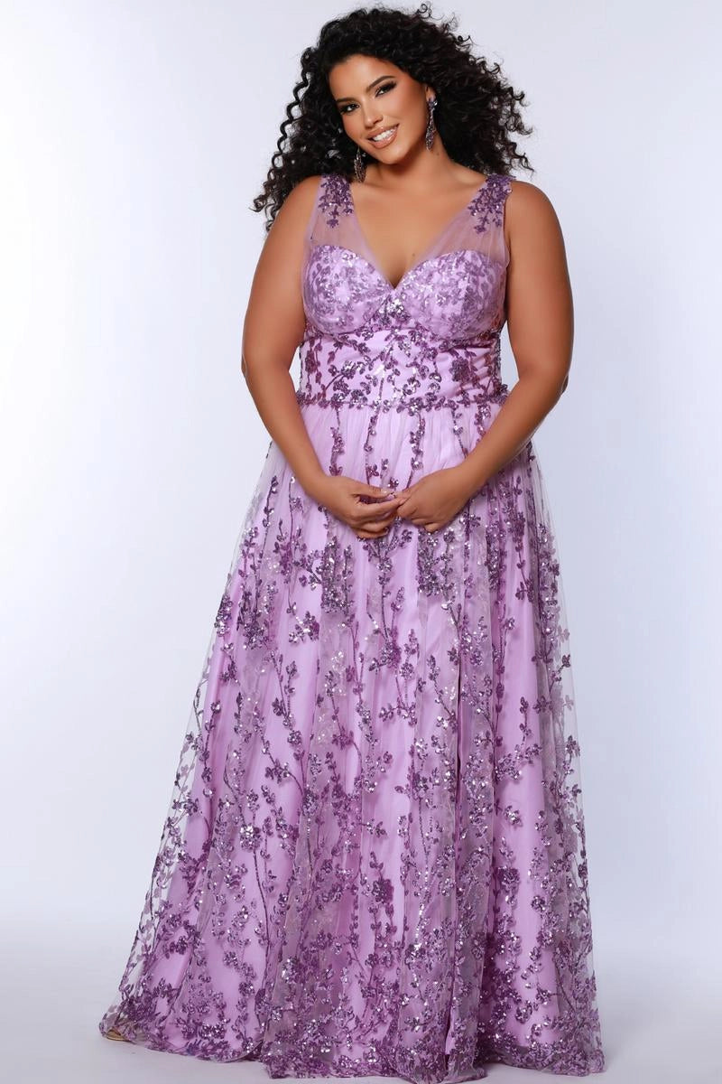 Glamorous Plus Size A Line V Neck Sleeveless Sequin Tulle Prom Dress