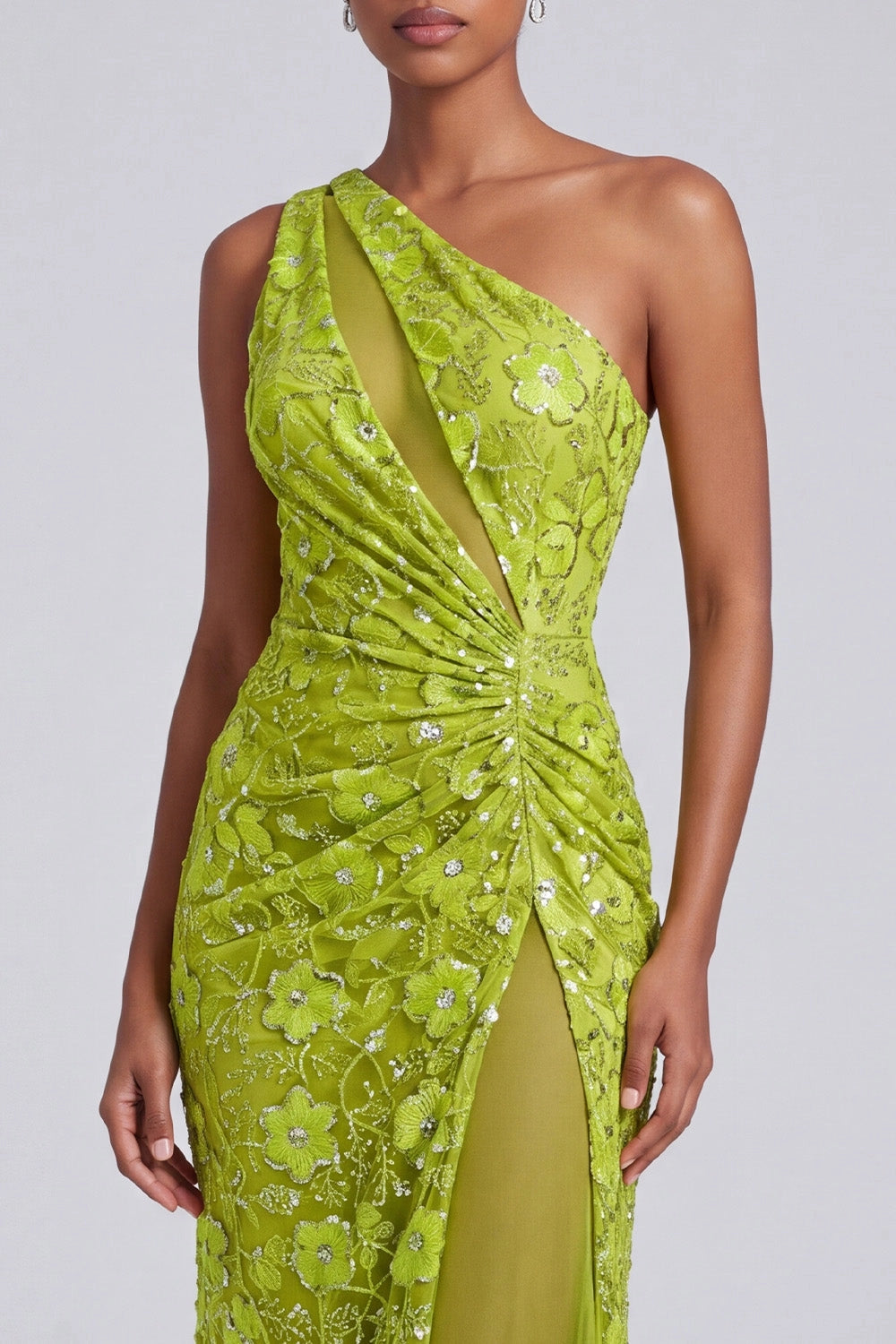 Stunning Mermaid One Shoulder Sleeveless Lace Up Back High Slit Floor Length Floral Sequin Prom Dress