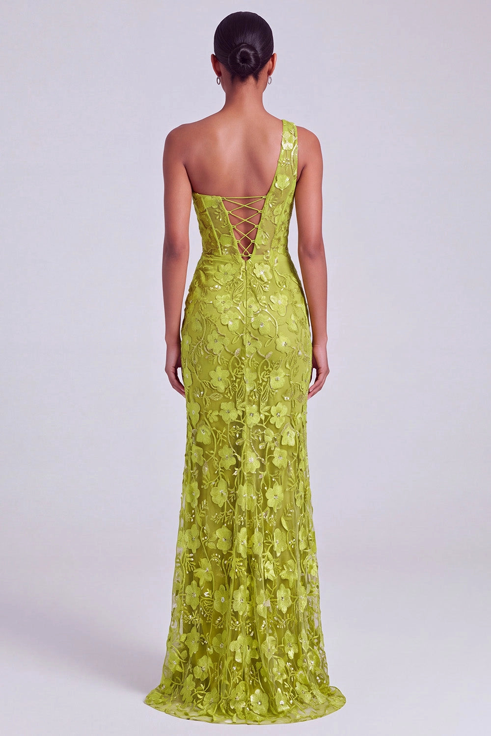 Stunning Mermaid One Shoulder Sleeveless Lace Up Back High Slit Floor Length Floral Sequin Prom Dress