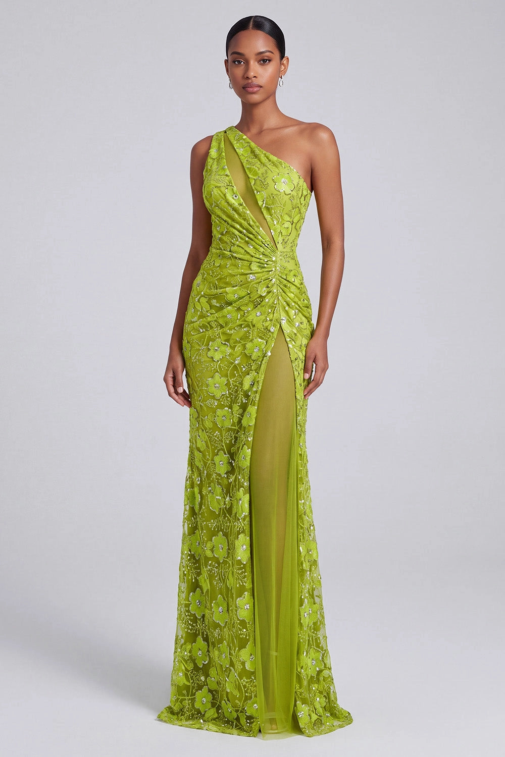 Loverlm lime green one shoulder mermaid prom dress floral sequin high slit formal gown