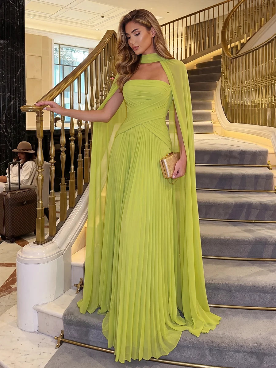 Elegant Pleated Strapless Sleeveless Chiffon Floor Length Evening Dress