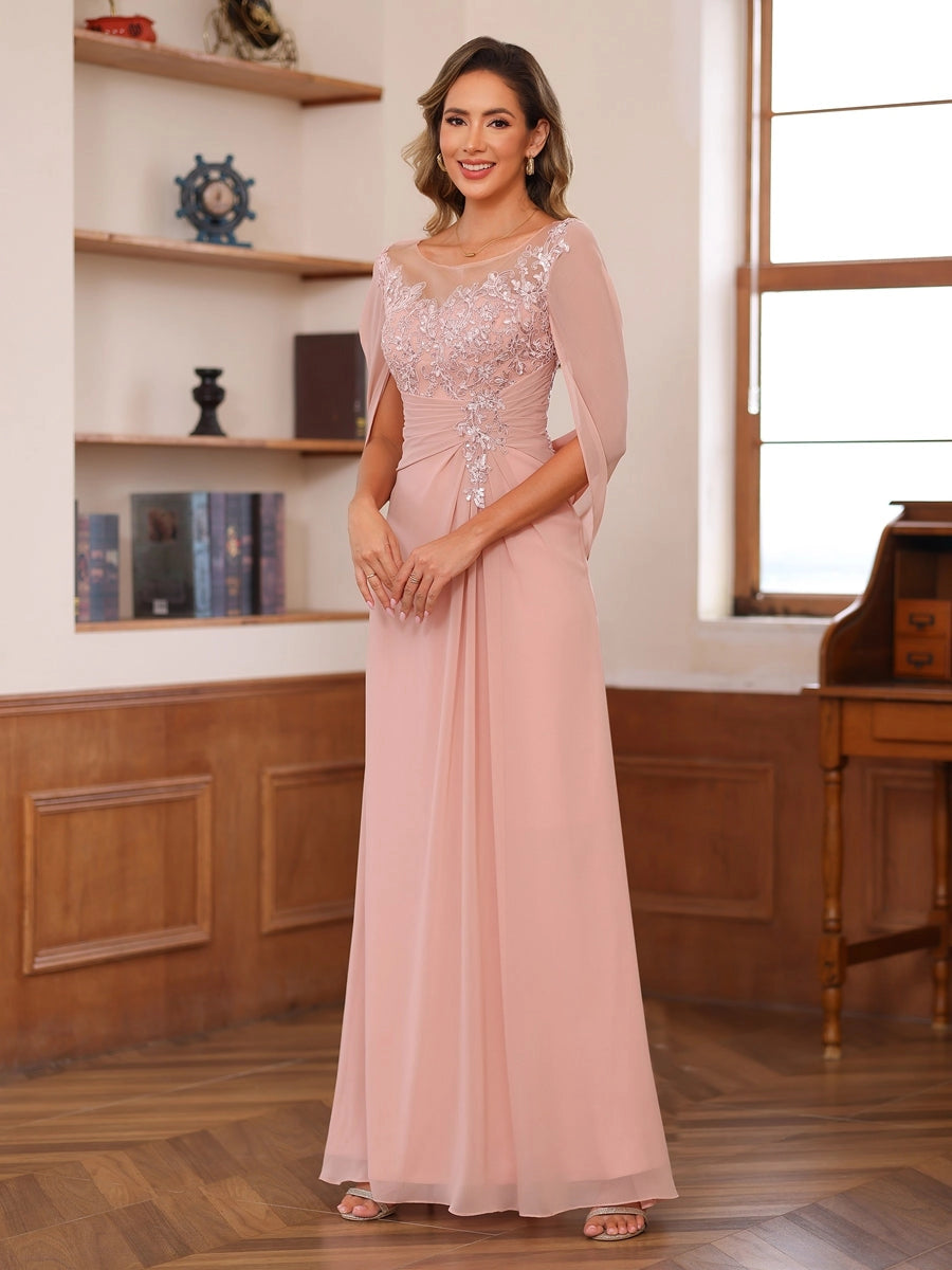 Loverlm blush pink A-line mother of the bride dress front view with floral lace illusion neckline, draped cape sleeves and ruched waist