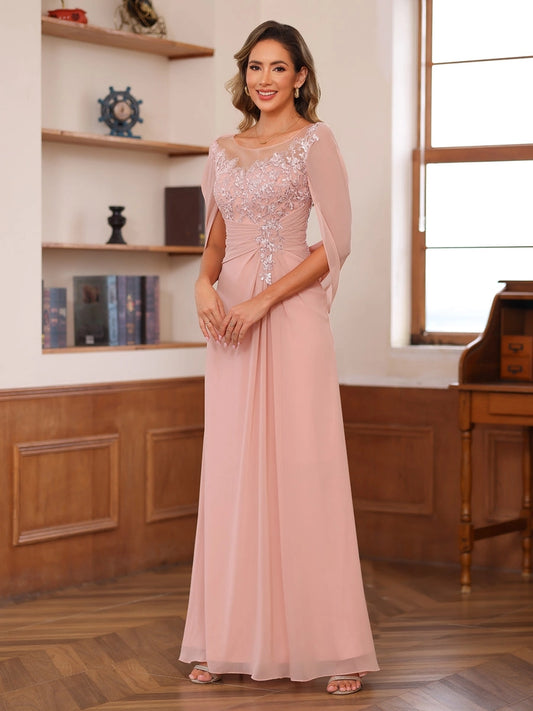 Loverlm blush pink A-line mother of the bride dress front view with floral lace illusion neckline, draped cape sleeves and ruched waist