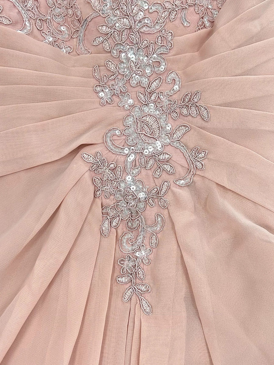 Elegant Blush A-Line Illusion-Neck Cape-Sleeve Keyhole-Back Floor-Length Mother of the Bride Dress