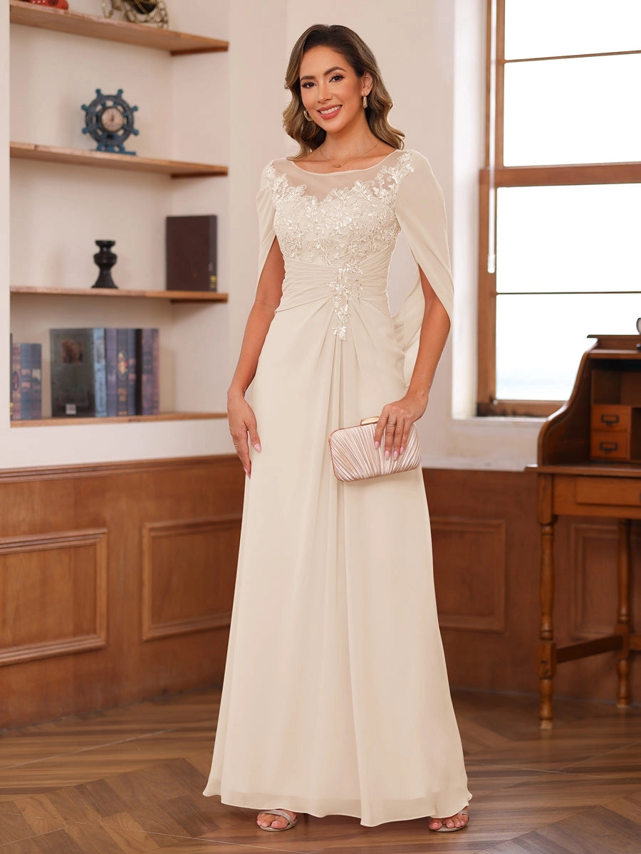 Elegant Blush A-Line Illusion-Neck Cape-Sleeve Keyhole-Back Floor-Length Mother of the Bride Dress
