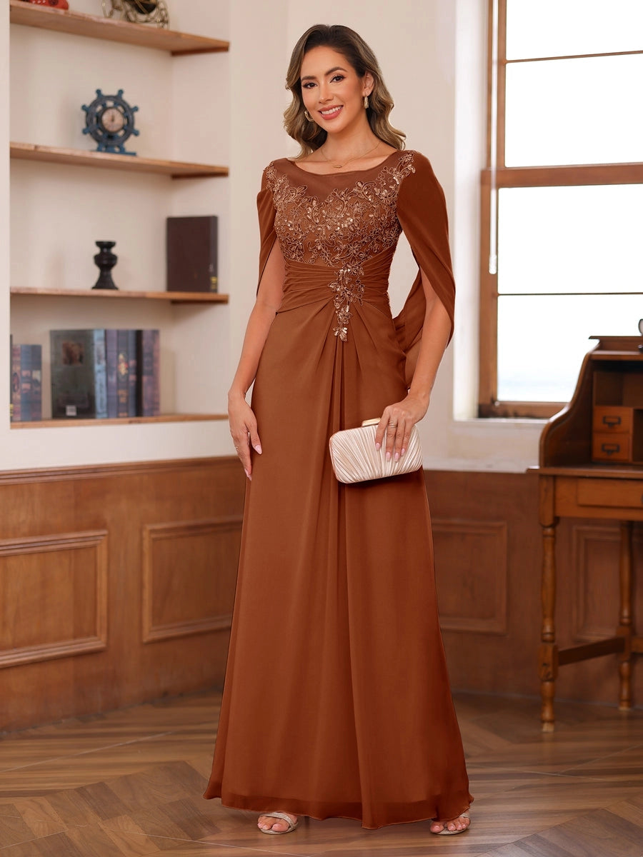 Elegant Blush A-Line Illusion-Neck Cape-Sleeve Keyhole-Back Floor-Length Mother of the Bride Dress