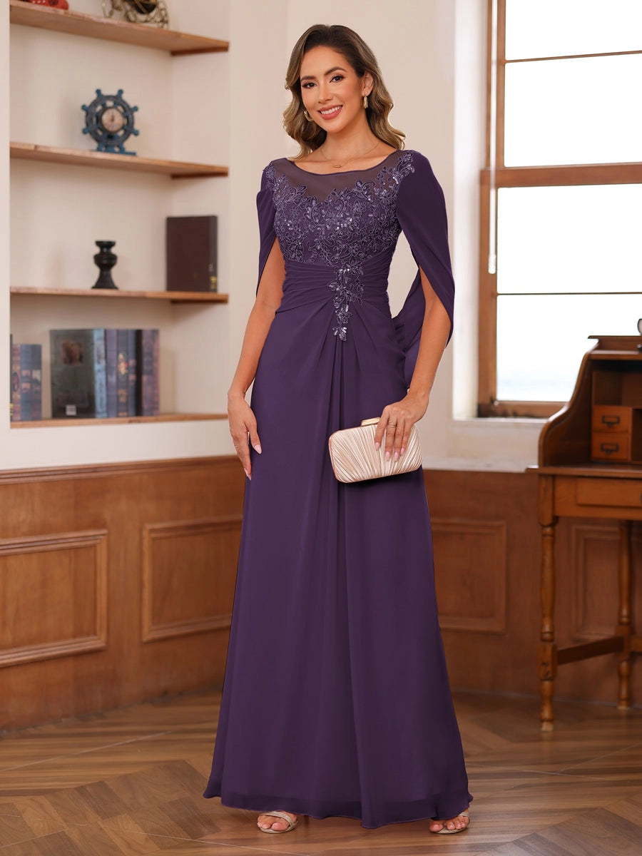 Elegant Blush A-Line Illusion-Neck Cape-Sleeve Keyhole-Back Floor-Length Mother of the Bride Dress