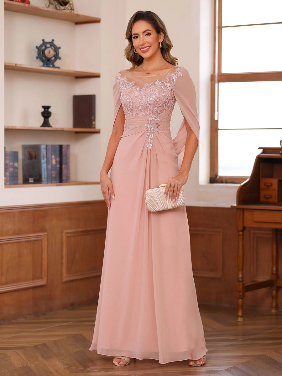 Elegant Blush A-Line Illusion-Neck Cape-Sleeve Keyhole-Back Floor-Length Mother of the Bride Dress