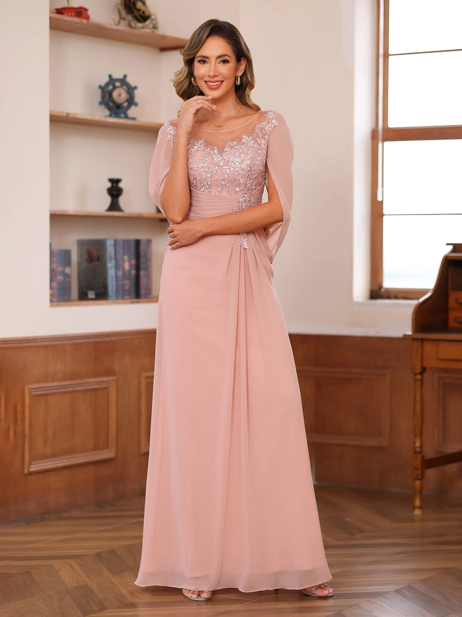 Elegant Blush A-Line Illusion-Neck Cape-Sleeve Keyhole-Back Floor-Length Mother of the Bride Dress